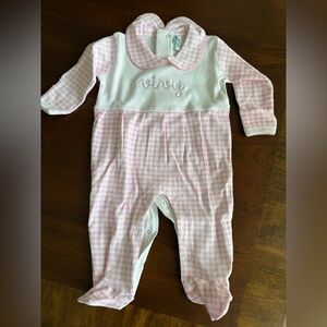 6 mo baby girl embroidered monogrammed Vivy pink gingham playsuit one piece